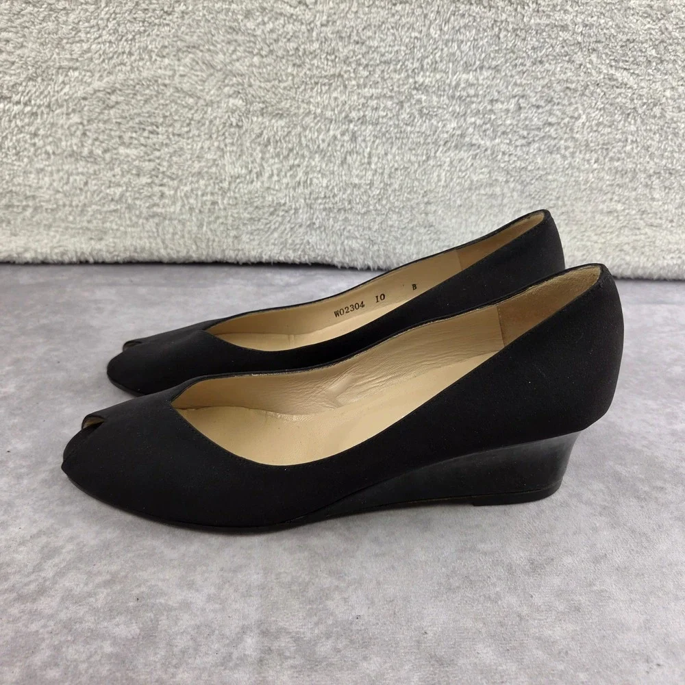 Bruno Magli Womens Black Satin Peep Toe Wedge Heels WO2304 Italian Leather 10 B